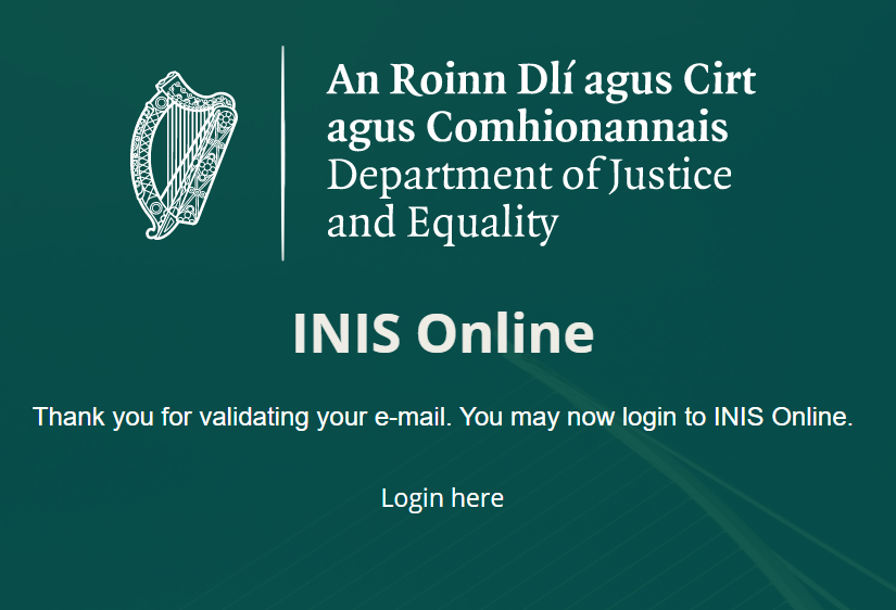 INIS email confirmation — login here